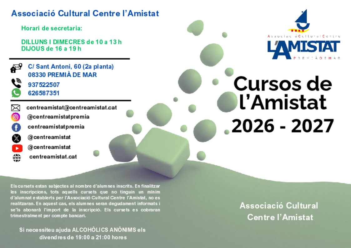 Cursos temporada 2026-2027 al Centre l'Amistat